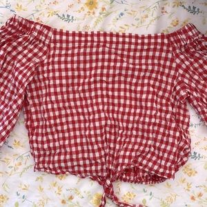 FOREVER 21 RED GINGHAM CHECKERED OFF THE SHOULDER CROP TOP